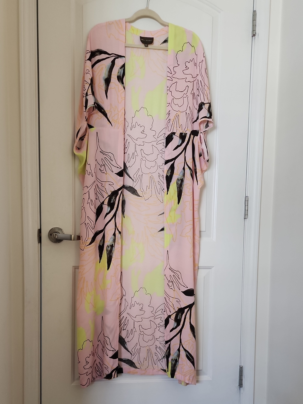 Bel Kazan Light Pink Floral Maxi Kimono with Neon Accents